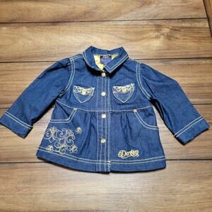 Dereon LS Dark Blue Denim Full Snap Infant Top w/ Gold Trim - Size 6-9M